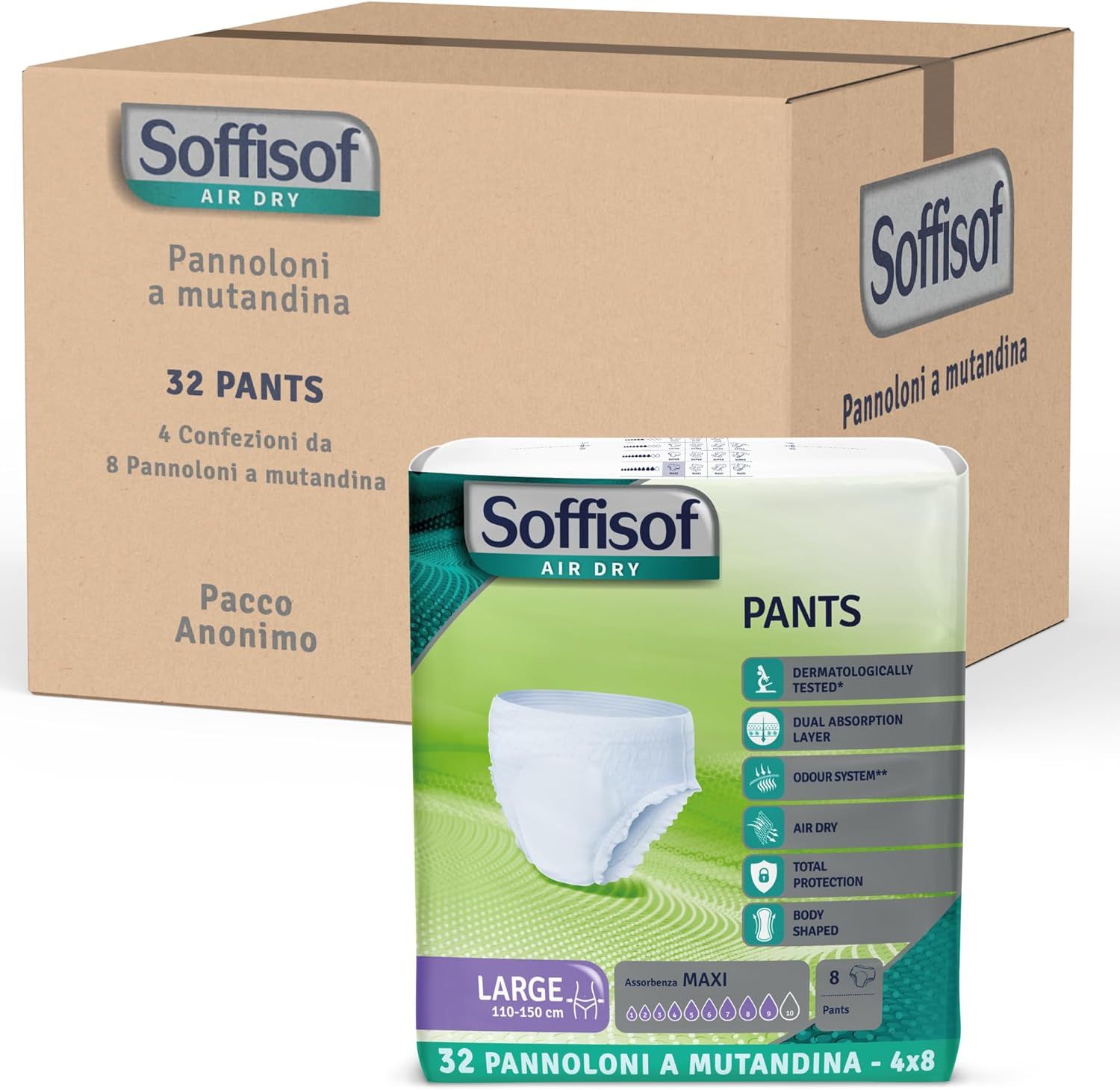 Soffisof Pants Maxi. Confezione e scatola. 32 pezzi. Informazioni sul prodotto sulla confezione.