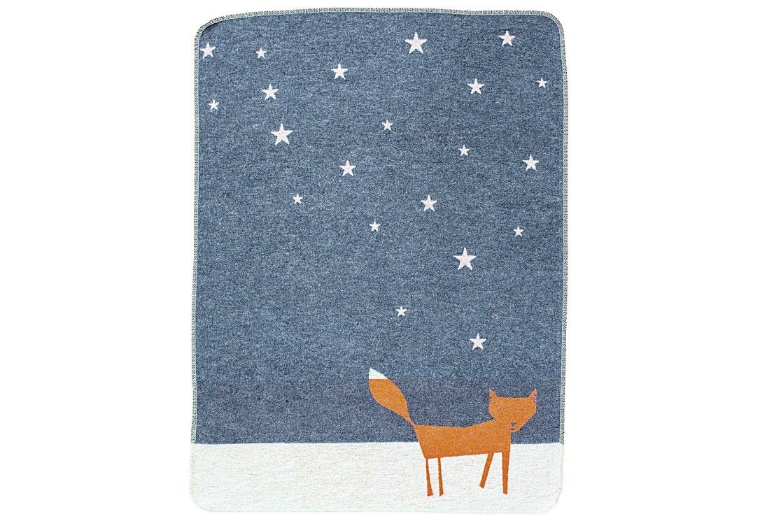 Coperta per bambini con motivo volpe e stelle. Sfondo blu-grigio, volpe arancione, stelle bianche. Rettangolare.