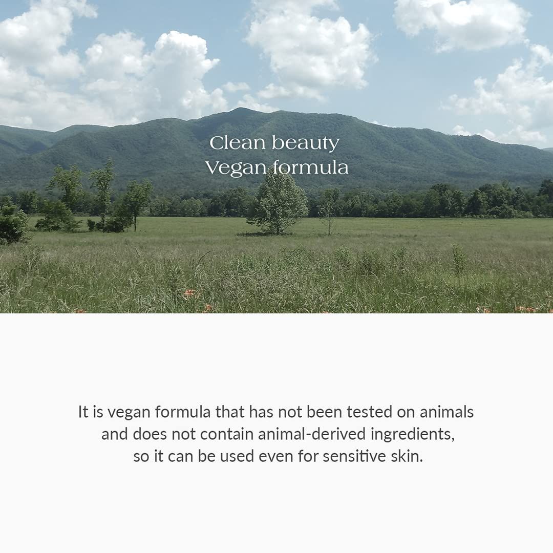 Paesaggio con montagne e cielo. Testo: Clean beauty, Vegan formula. Testo: It is vegan formula that has not been tested on animals.