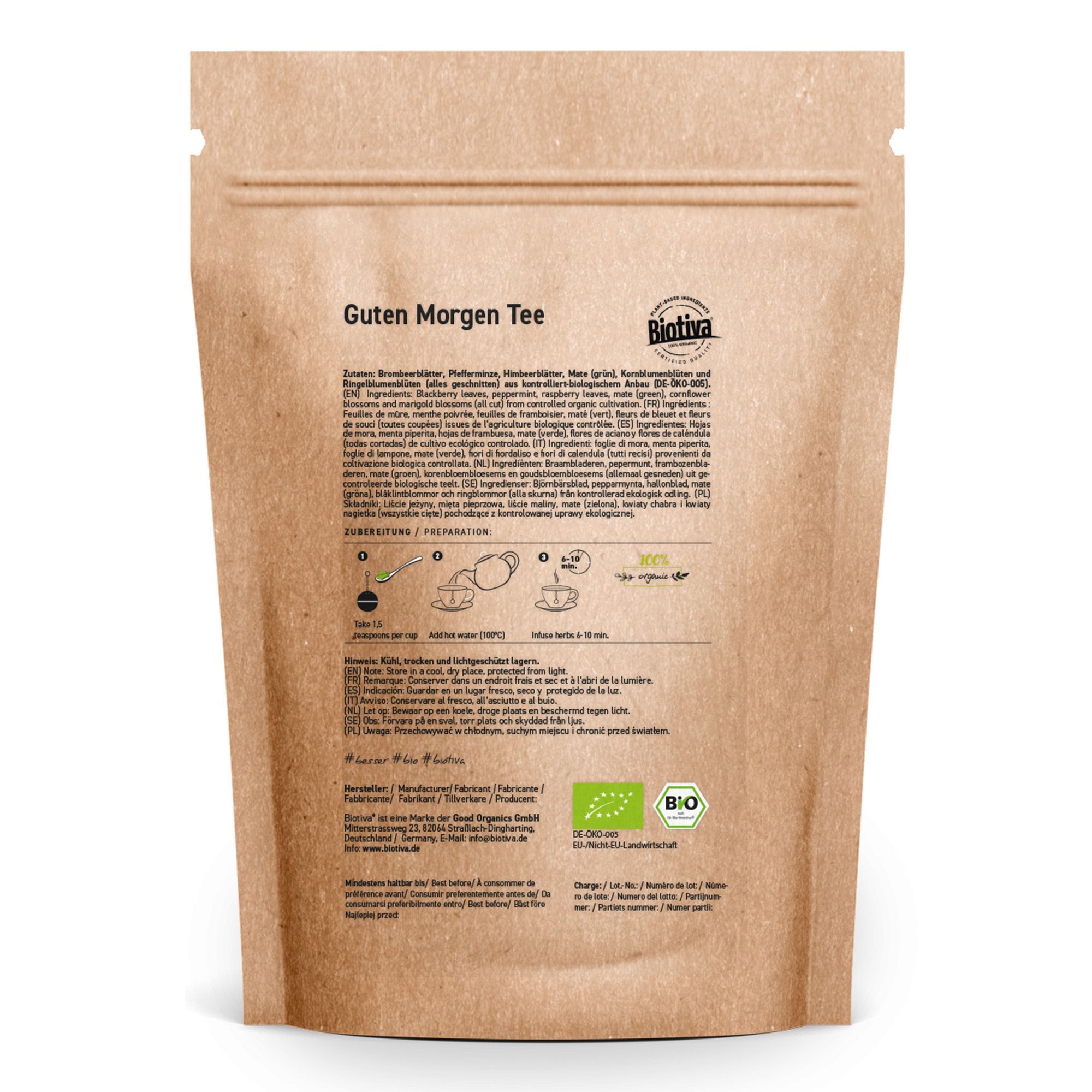 Confezione in carta marrone con stampa. Testo: Guten Morgen Tee, ingredienti, istruzioni, sigillo bio.