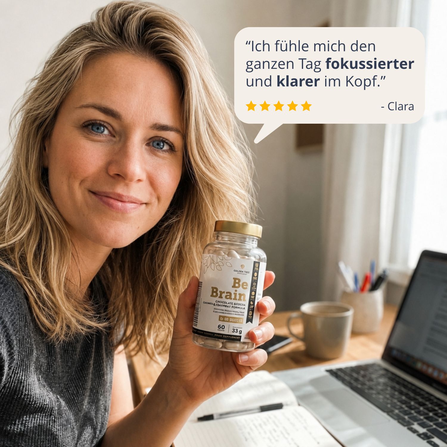 Donna che tiene una bottiglia di Golden Tree Be Brain. Citazione: 'Mi sento più concentrata e lucida.'