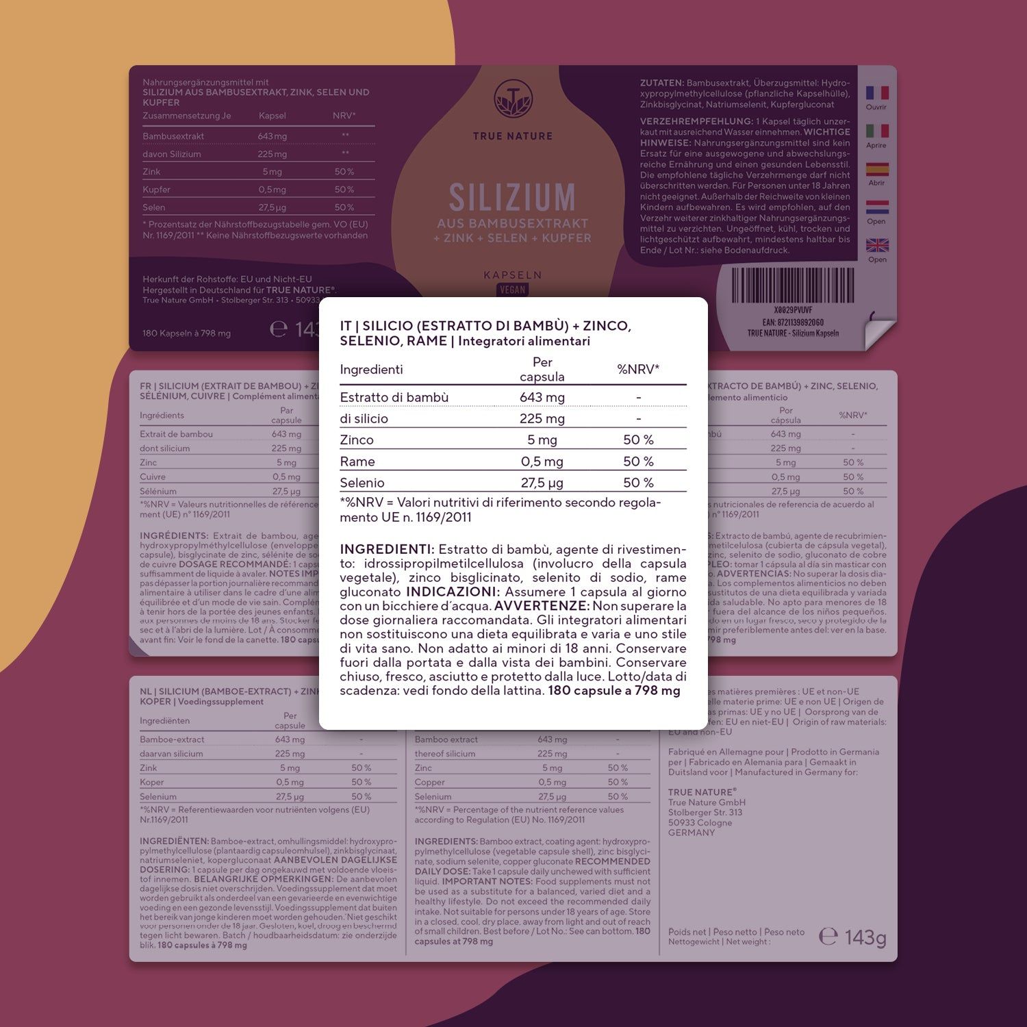 Informazioni sul prodotto. Elenco ingredienti, informazioni nutrizionali, avvertenze. Testo in italiano. 180 capsule.