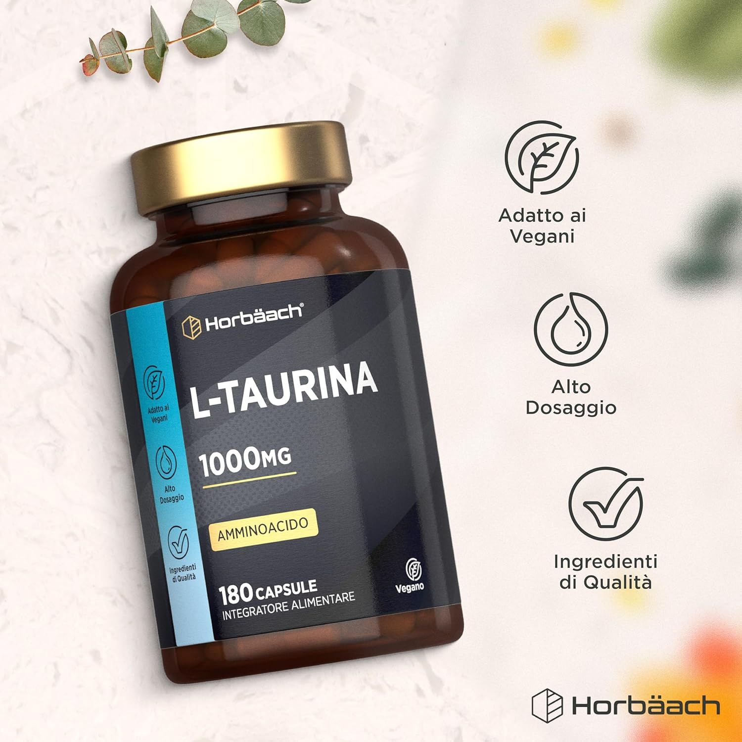 Flacone marrone con capsule. Scritta: L-TAURINA 1000mg. 180 capsule. Aminoacido. Vegano.