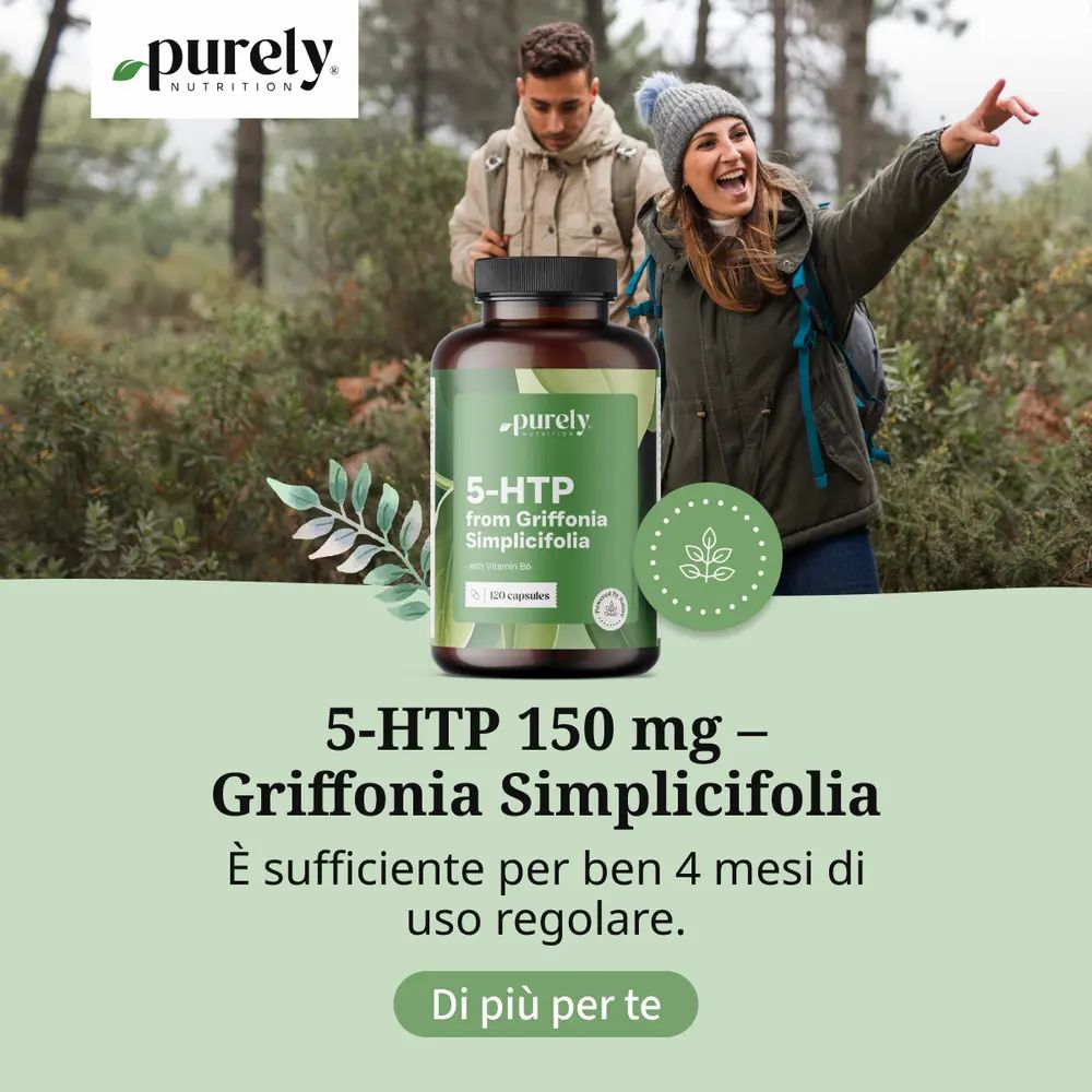 Coppia nel bosco. Accanto, flacone di 5-HTP. Testo: 5-HTP 150 mg – Griffonia Simplicifolia. Sufficiente per 4 mesi.