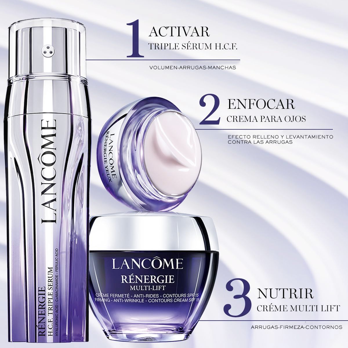 Tre prodotti cosmetici su sfondo chiaro. Flacone, vasetto di crema e vasetto. Nomi dei prodotti e marchio visibili.