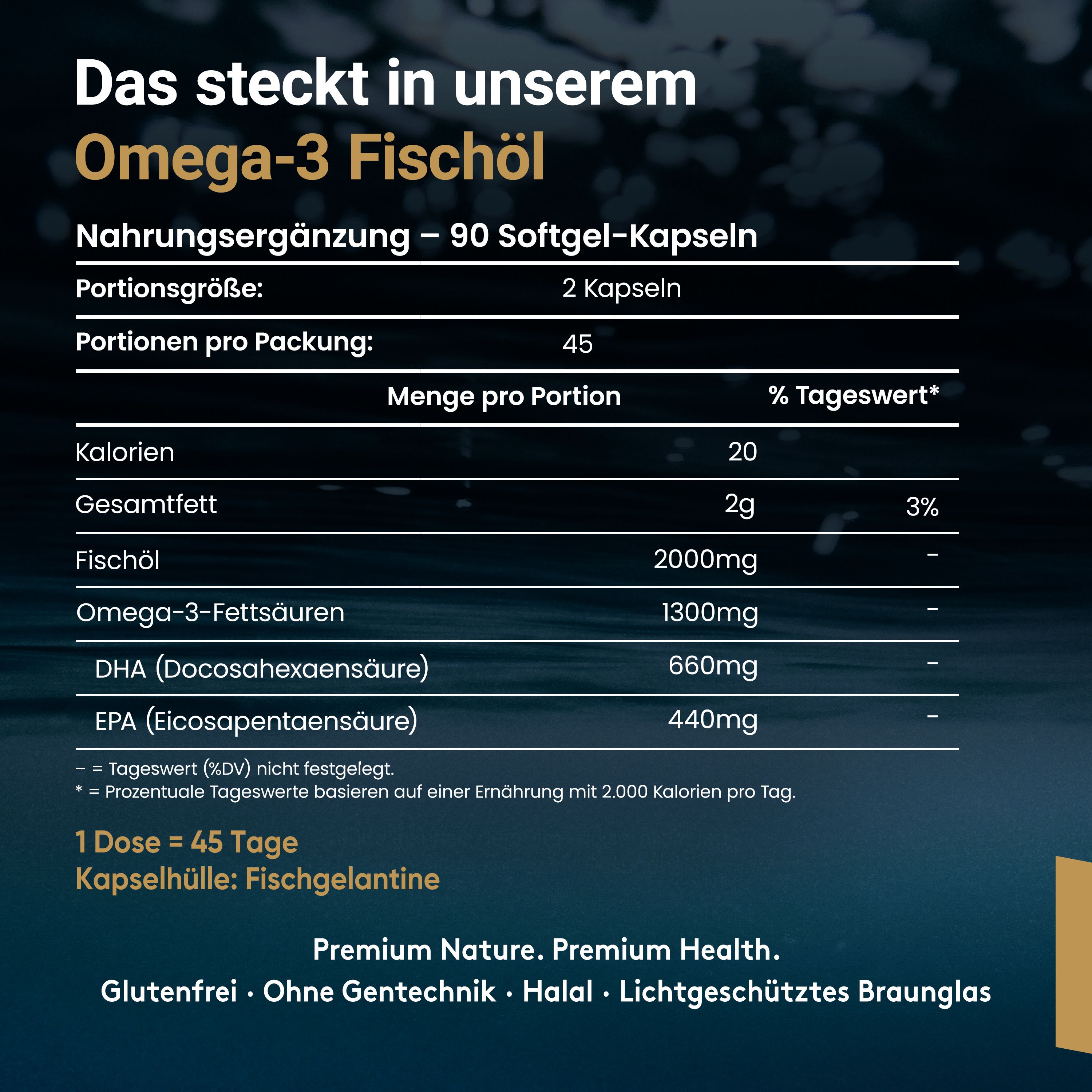 Integratore alimentare Omega-3 Olio di pesce. Testo: 90 capsule softgel. Porzione: 2 capsule. Quantità per porzione: 20 calorie, 2g grassi, 2000mg olio di pesce.