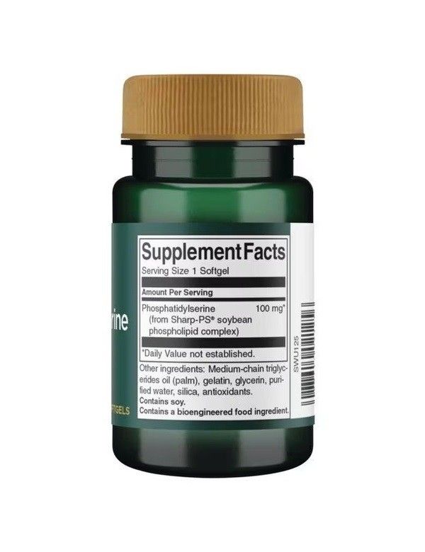 Retro di un flacone verde con tappo marrone. Scritta: Supplement Facts. Contiene Phosphatidylserine, 100 mg.