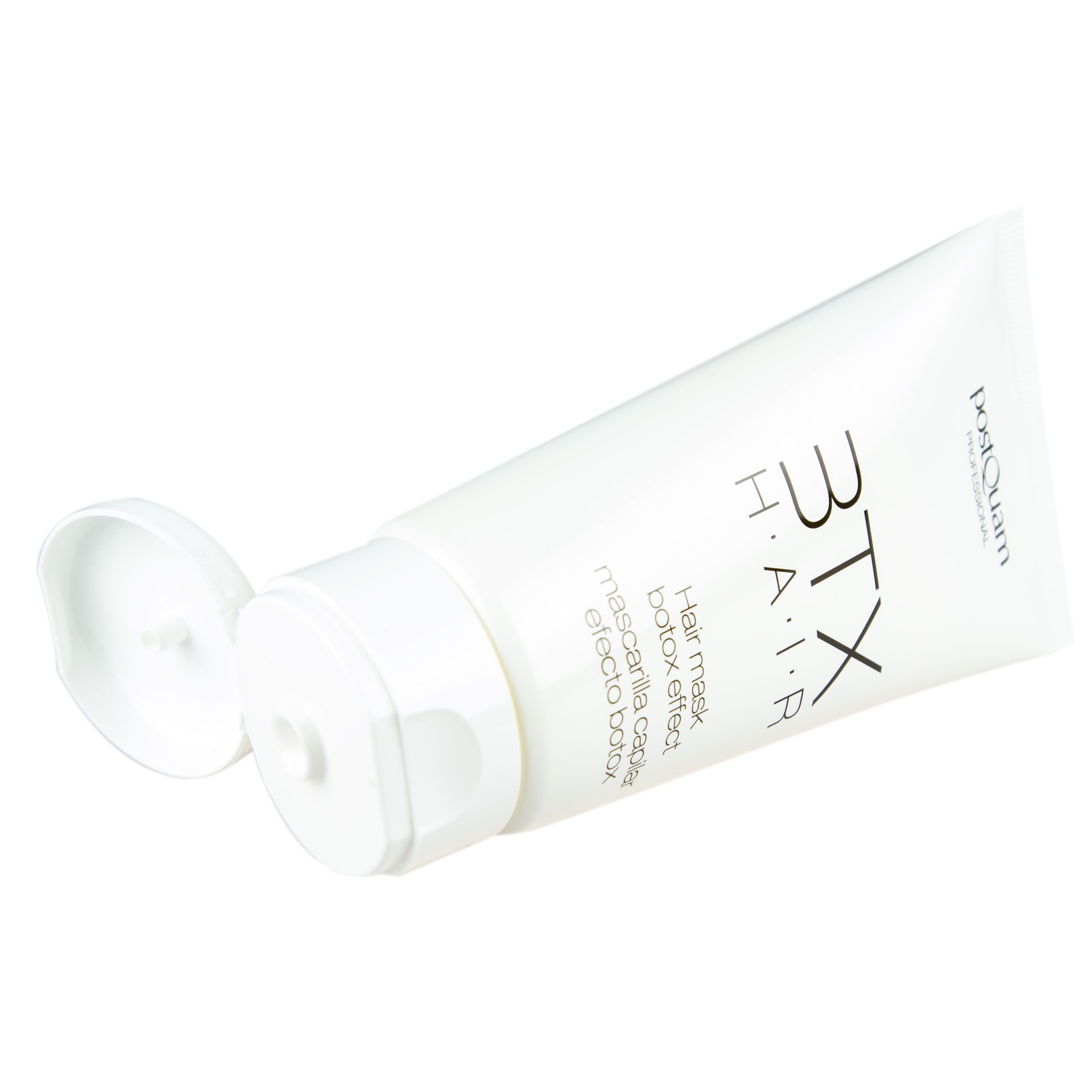 Tubo bianco con stampa nera. Testo: Postquam, 3TX HAIR, Hair mask botox effect, Mascarilla capilar efecto botox. Coperchio aperto.