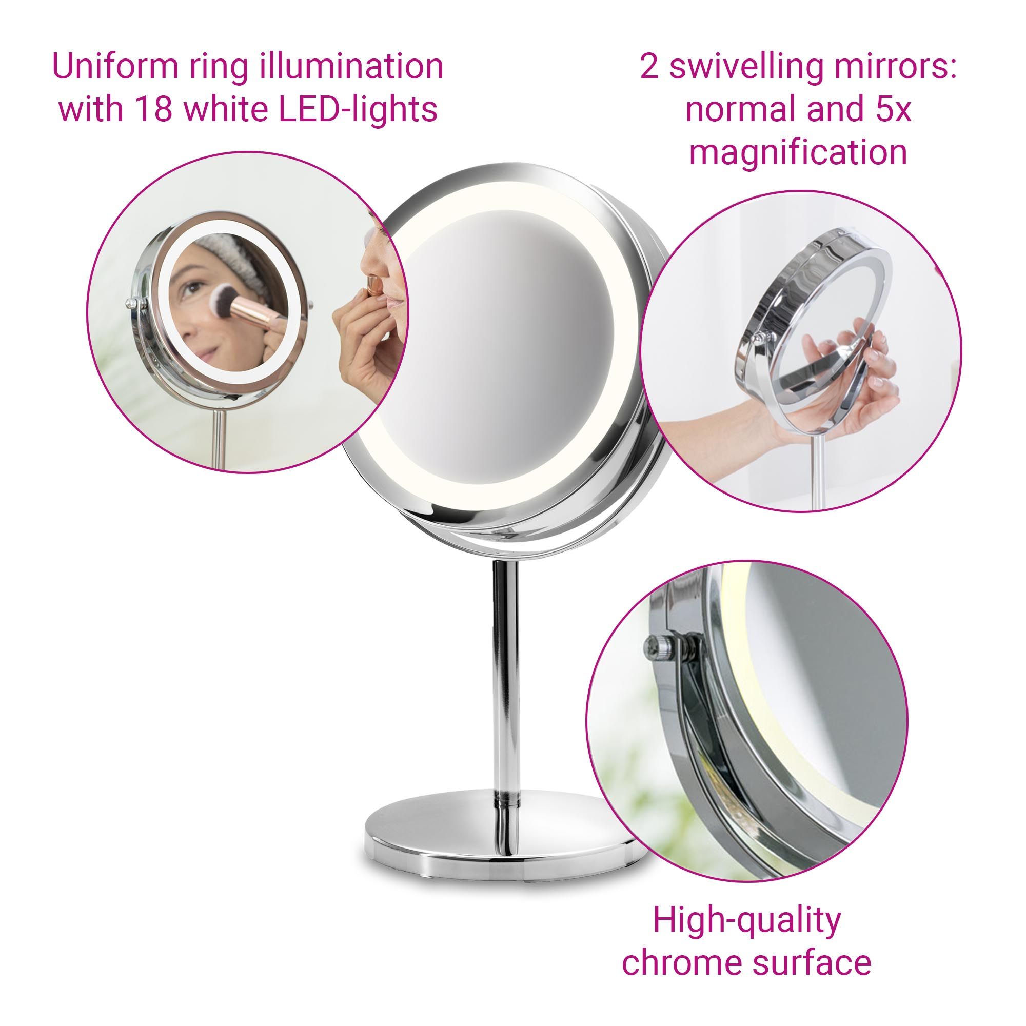 Specchio cosmetico con illuminazione a LED. Caratteristiche: 2 specchi orientabili, 18 LED, superficie cromata.