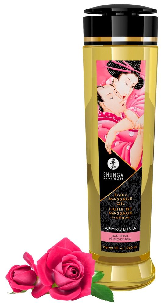 Olio da massaggio Shunga Aphrodisia Rose, bottiglia dorata, con due rose davanti.