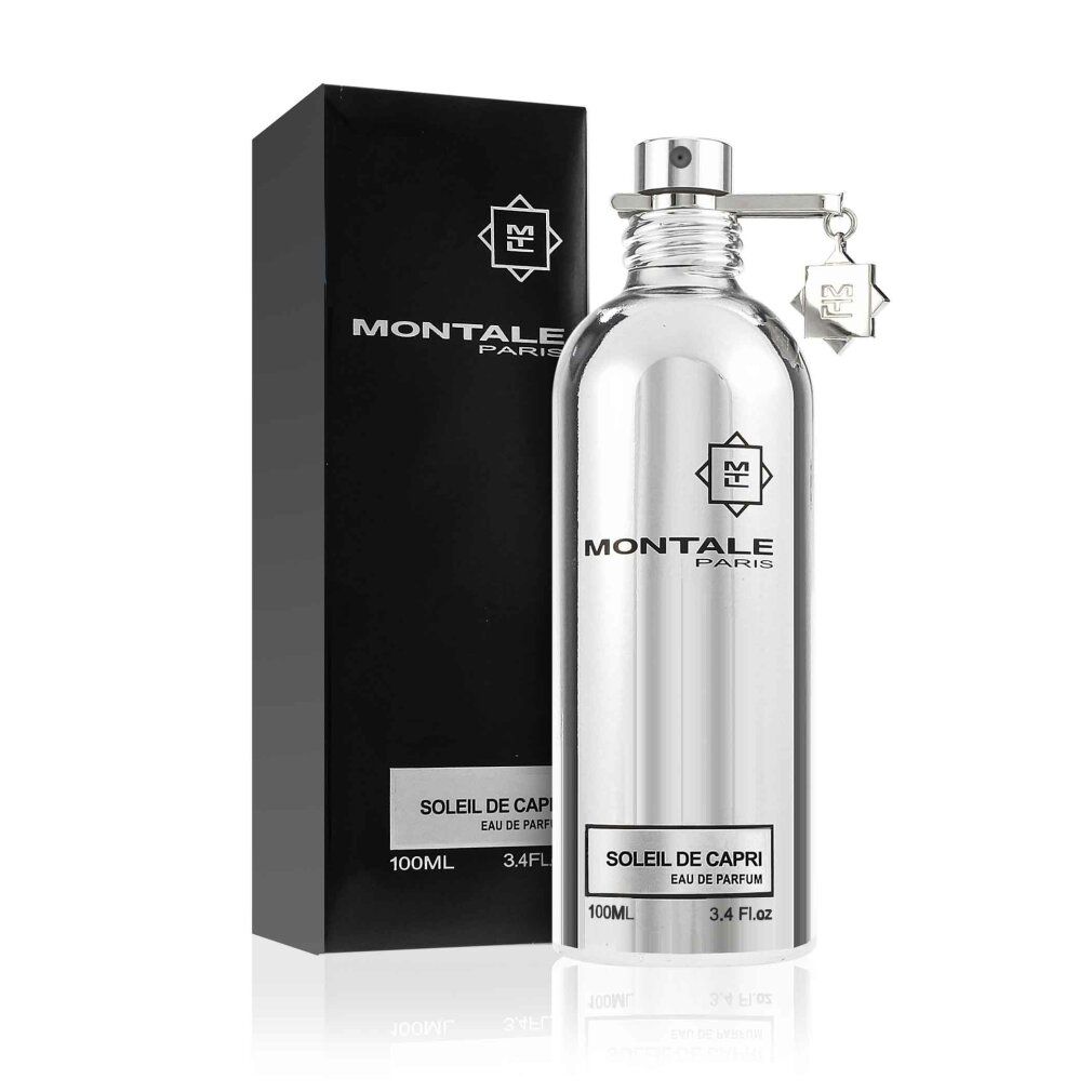 Flacone argentato con confezione nera. Scritta: Montale Paris, Soleil de Capri. Ciondolo con logo.