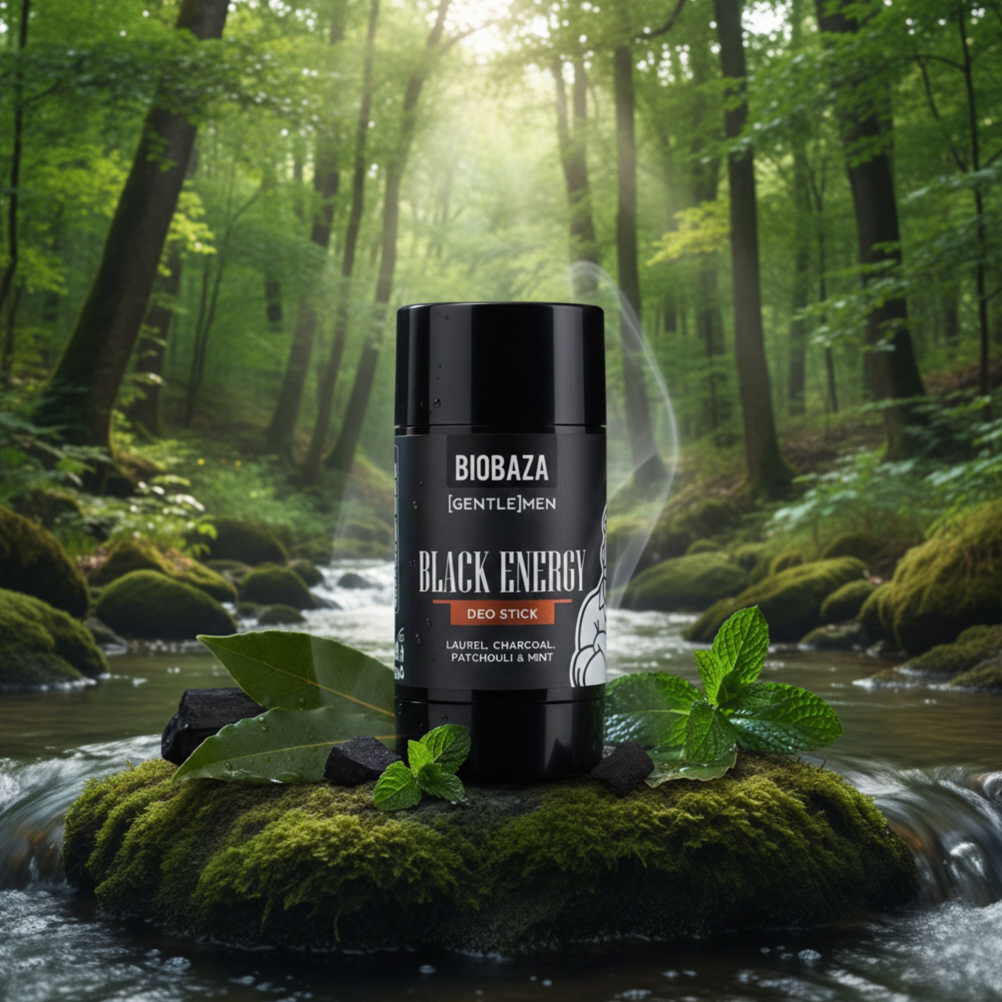 Stick deodorante nero su muschio, circondato da foglie e menta. Scritta: Black Energy, Biobaza.