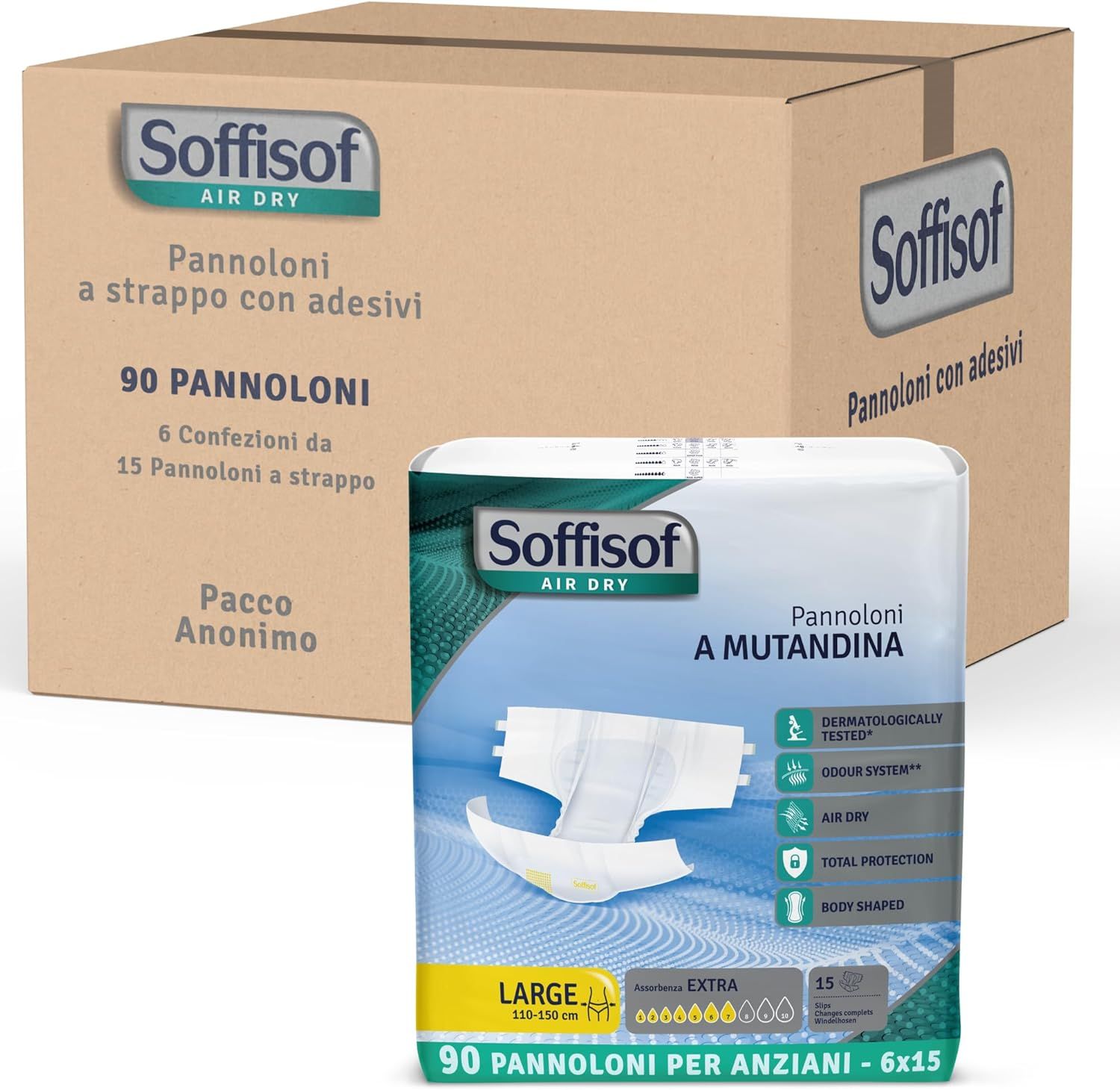 Pannoloni Soffisof Air Dry Extra. Confezione da 90 pezzi e scatola. Scritto: Pannoloni a strappo con adesivi.