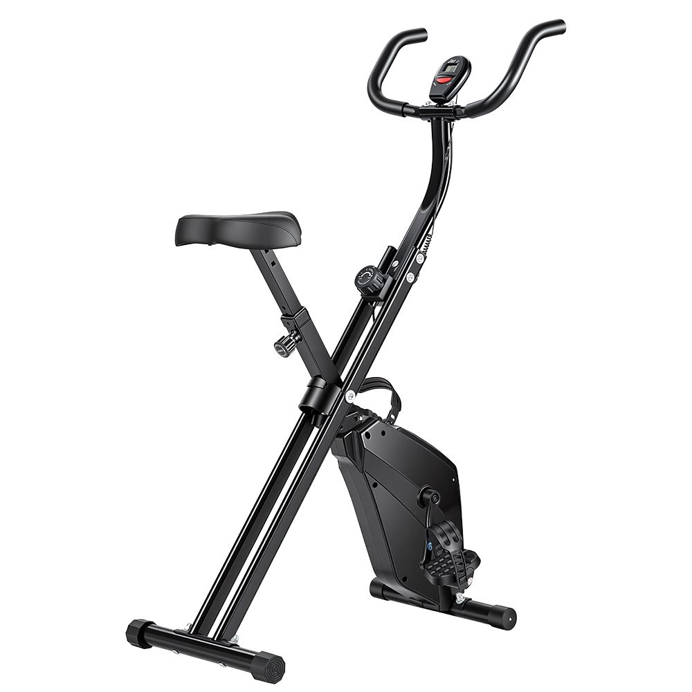 Bicicletta da allenamento pieghevole nera. Sella, manubrio, pedali e display. Telaio in metallo.