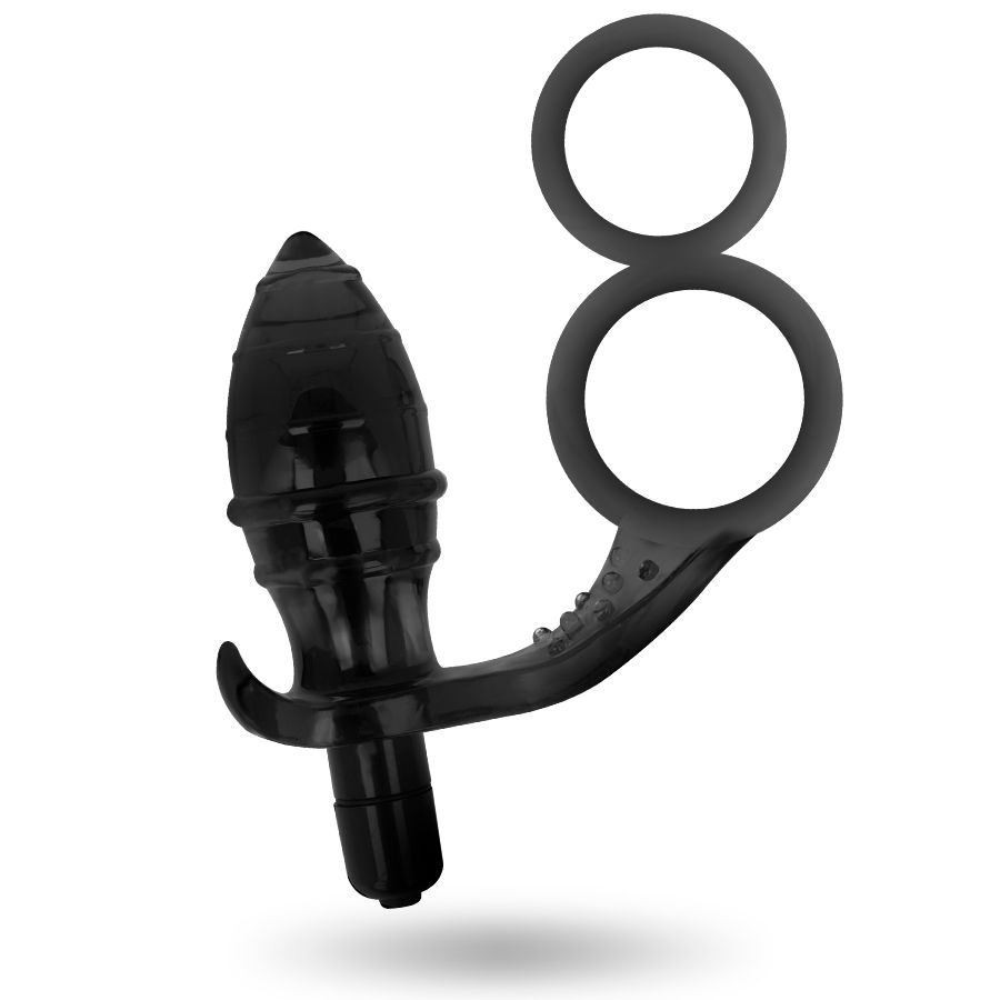 Plug anale nero con doppio anello per il pene. In silicone. Testa conica e anello per il pene.