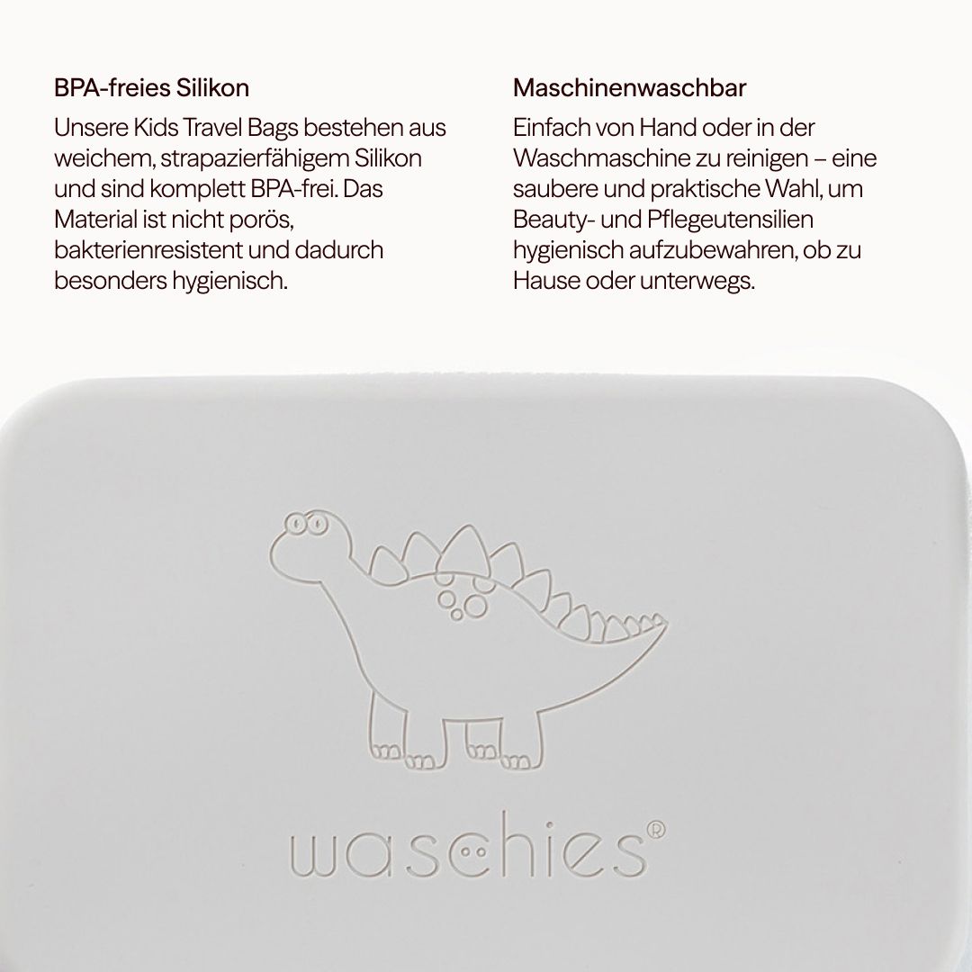 Primo piano della custodia grigia con dinosauro. Scritto "waschies" ben visibile.