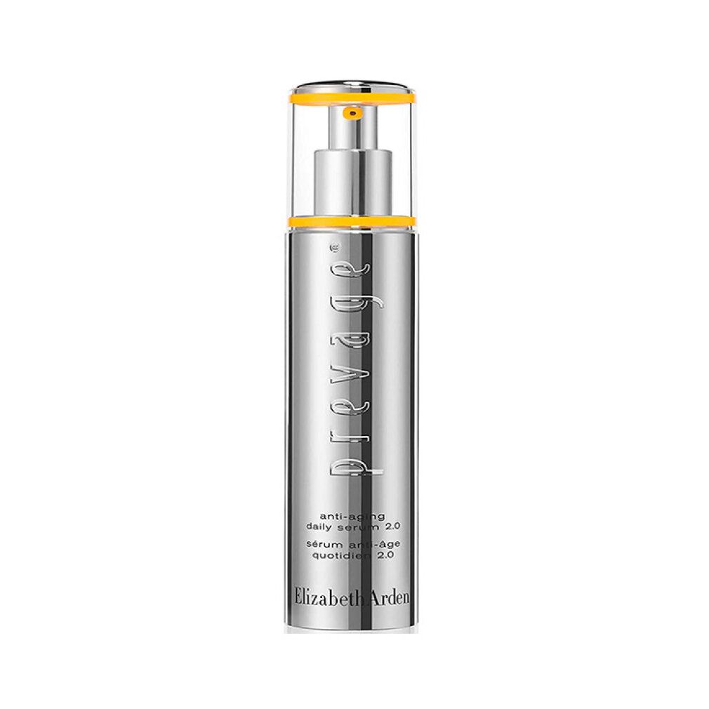 Flacone argento con dettagli gialli. Scritta: Prevage, anti-aging daily serum 2.0, Elizabeth Arden.