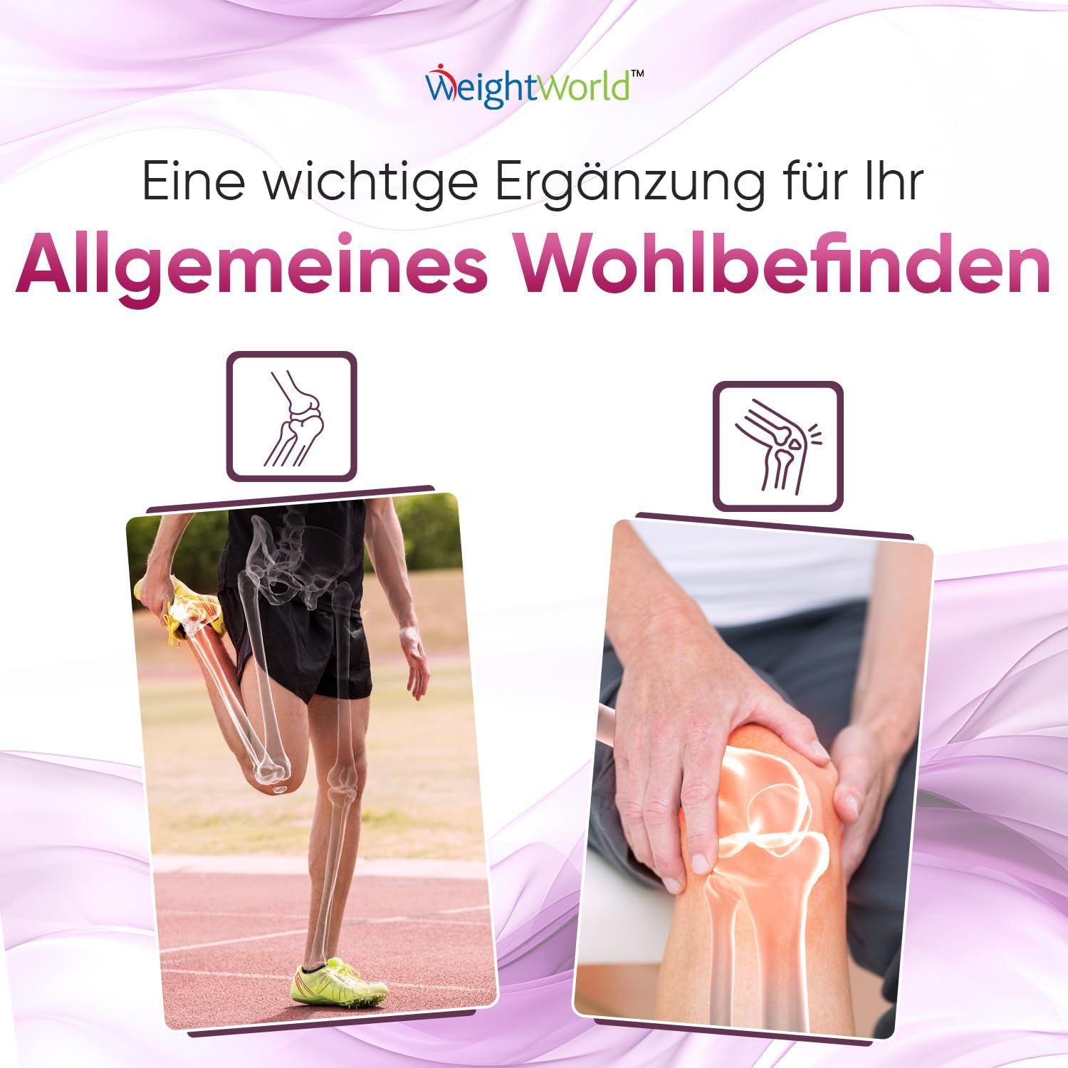 Illustrazioni di ginocchio e gamba. Testo: Benessere generale. Marchio: WeightWorld.