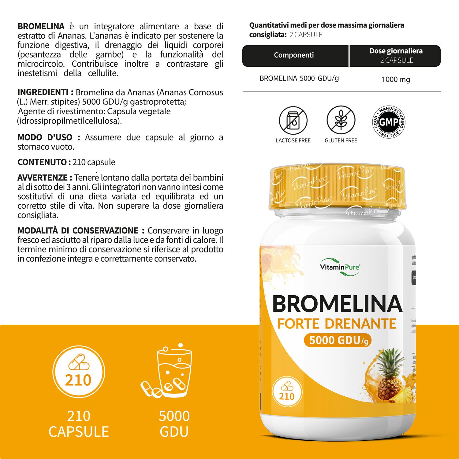 VitaminPure® Bromelina Forte Drenante 5000 GDU/g