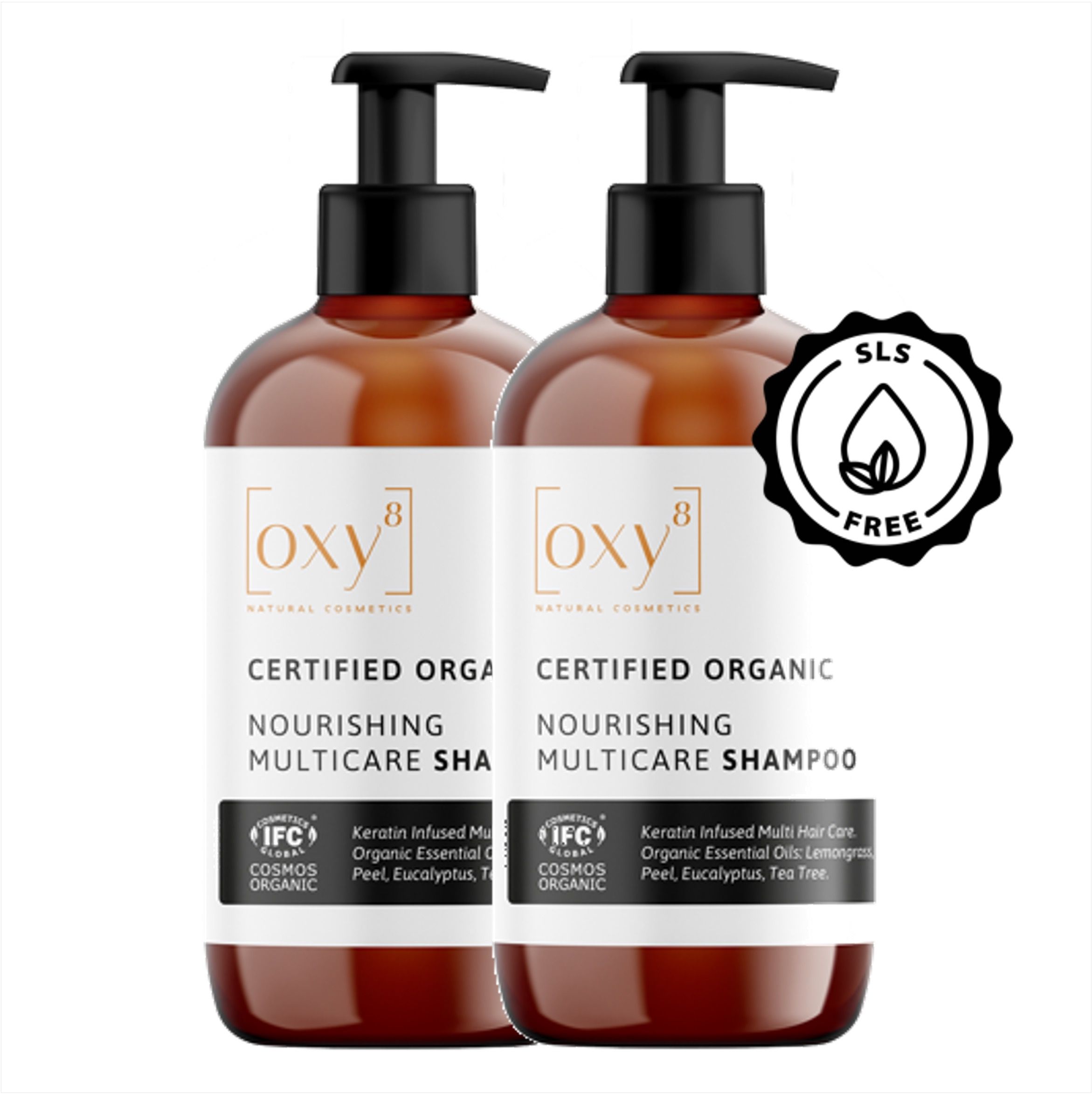 Due flaconi di shampoo con tappo a pompa nero. Scritta: oxy8, Certified Organic, Nourishing Multicare Shampoo. Senza SLS.