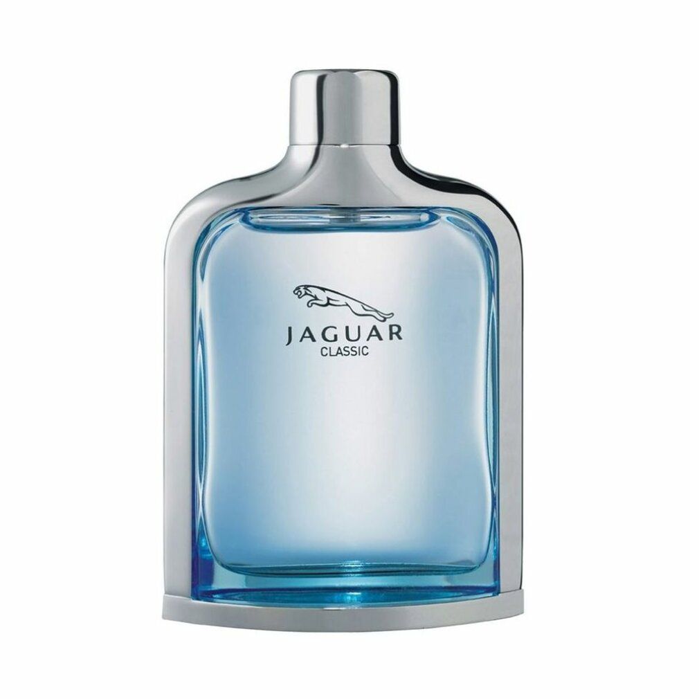 Spray Eau de Toilette blu in flacone di vetro con cornice e tappo argentati. Logo e scritta Jaguar.