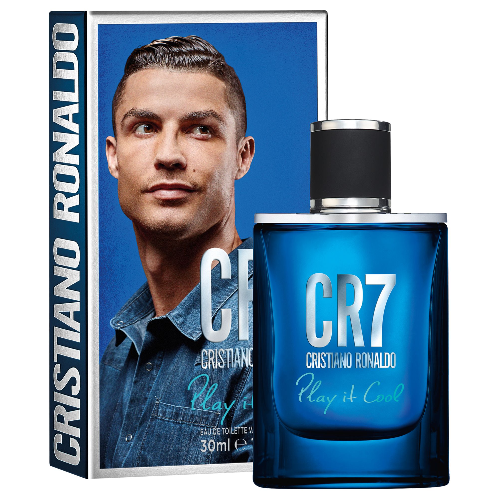 Flacone di profumo e confezione. Scritta CR7, Cristiano Ronaldo, Play it Cool. Immagine di Cristiano Ronaldo.