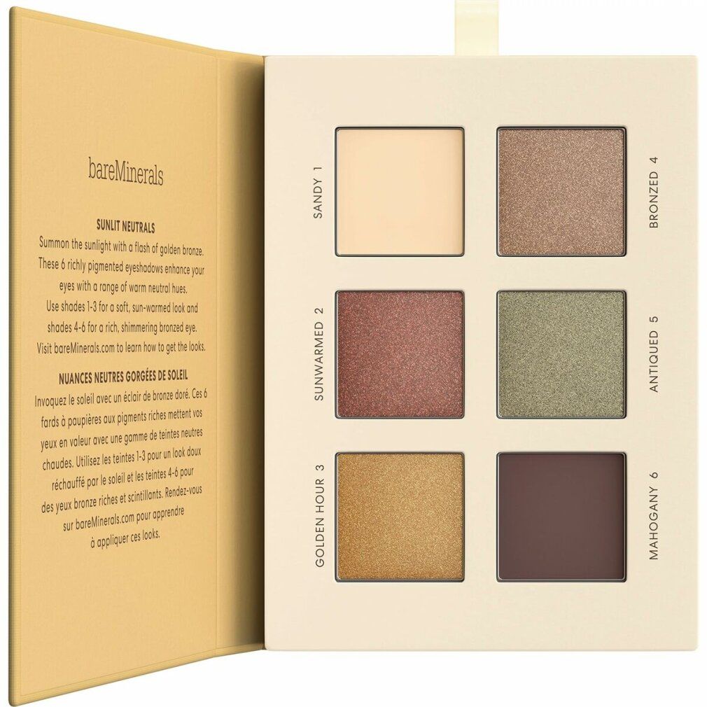 Palette ombretti bareMinerals con sei tonalità neutre: Sandy, Sunwarmed, Golden Hour, Bronzed, Antiqued, Mahogany.