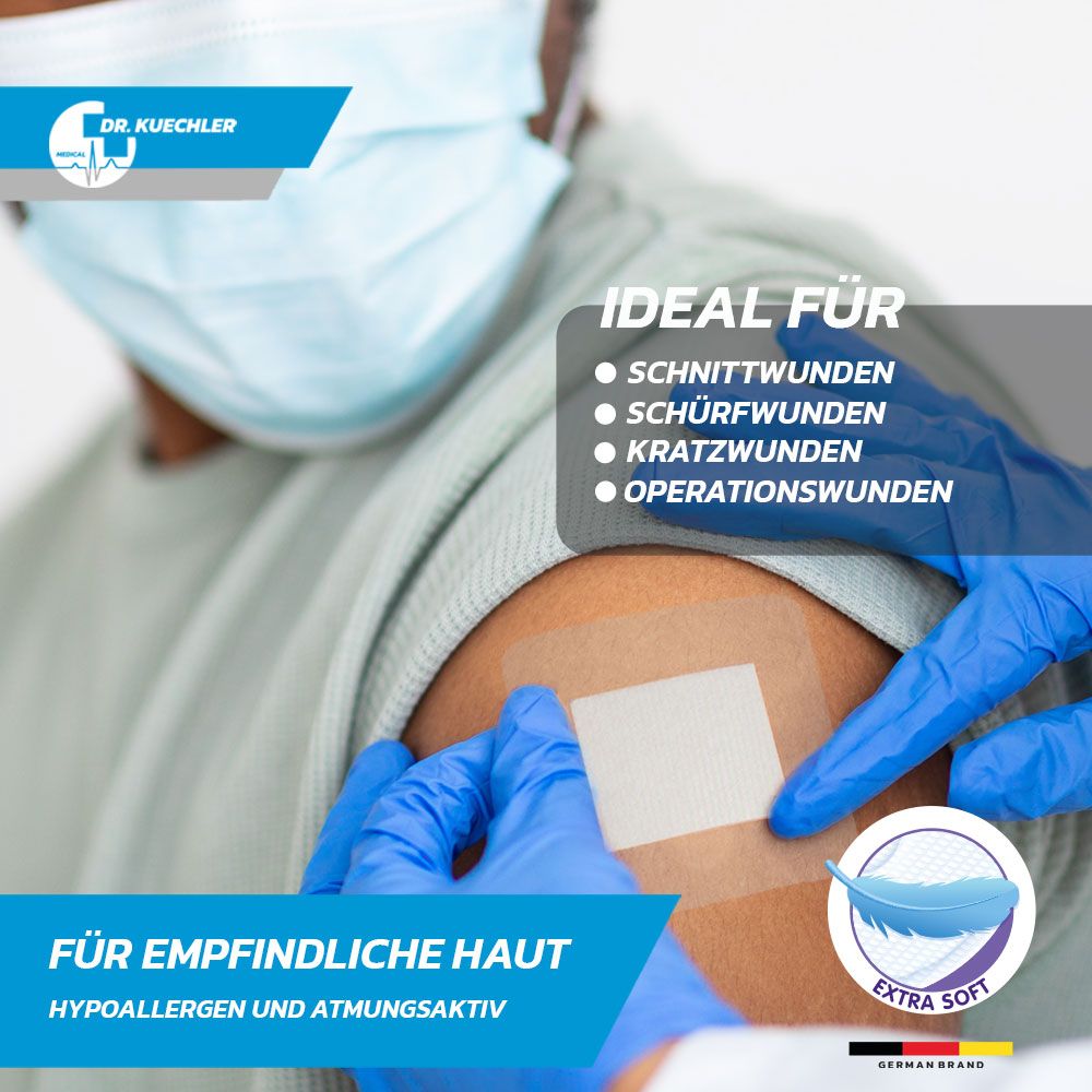 Persona con cerotto sul braccio. Marchio: Dr. Kuechler. Per pelli sensibili. Ipoallergenico e traspirante.