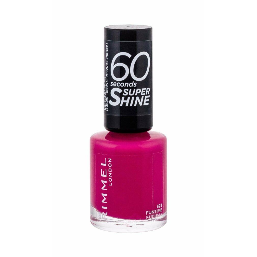 Flacone di smalto rosa. Tappo nero con scritta bianca: 60 seconds SUPER SHINE. Marchio Rimmel London. Numero 323.
