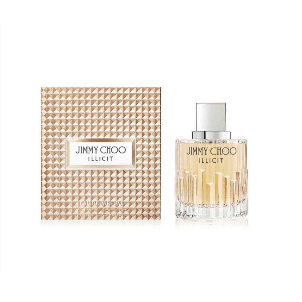 Flacone di profumo e confezione. Scritta: JIMMY CHOO ILLICIT. Flacone con tappo quadrato e liquido dorato.