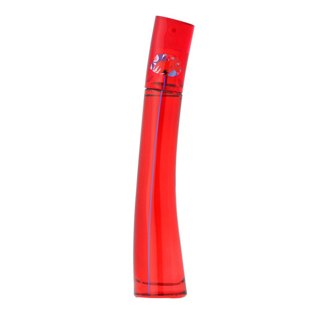 Flacone rosso con linea blu. Flacone con tappo rosso e design floreale. Scritta illeggibile.