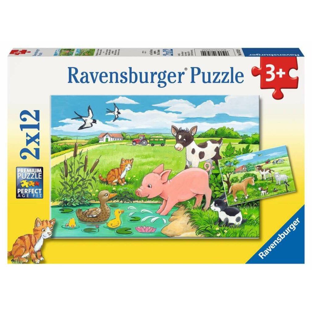 Scatola puzzle con paesaggio e animali. Scritta: Ravensburger Puzzle, 2x12 pezzi, 3+.