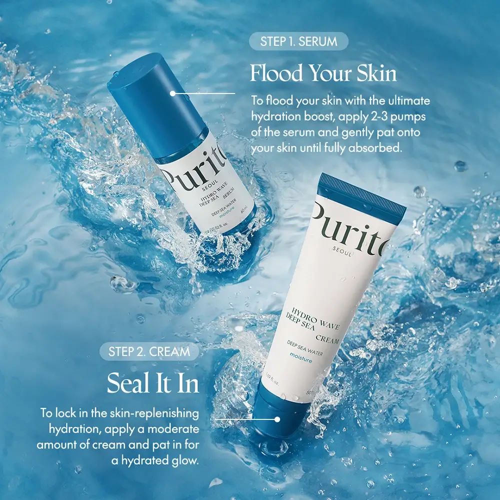 Due flaconi nell'acqua. Sinistra: PURITO Hydro Wave Deep Sea Serum. Destra: PURITO Hydro Wave Deep Sea Cream. Testo.