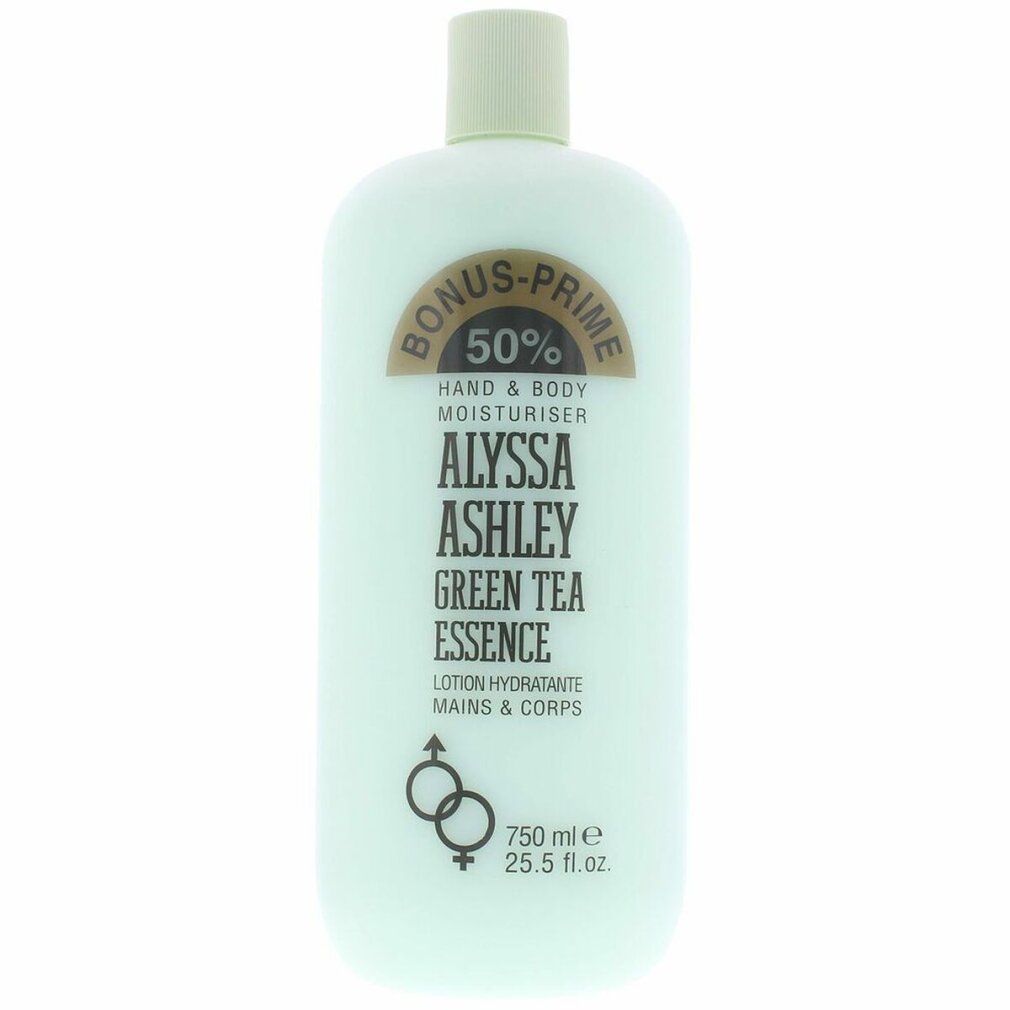 Flacone verde Alyssa Ashley Green Tea Essence. Contiene 750 ml di lozione idratante mani e corpo.
