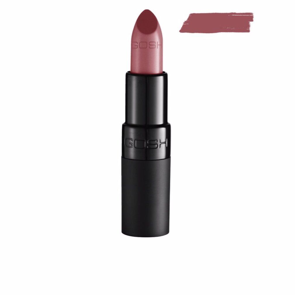 Rossetto rosa in stick nero. Campione di colore accanto. Scritta GOSH sul rossetto.