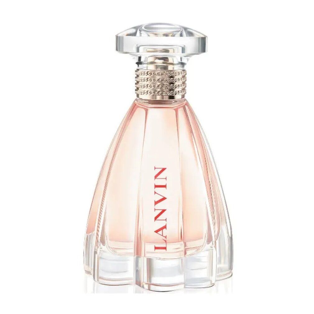 Flacone di profumo. Flacone trasparente con liquido rosa. Tappo e collo con elementi argentati e trasparenti. Scritta LANVIN.
