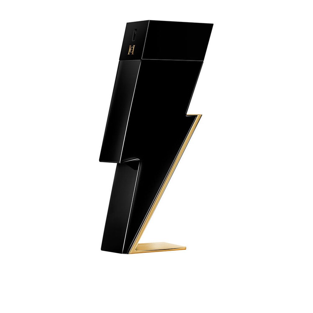 Flacone nero a forma di fulmine con base dorata. Logo 'H'.