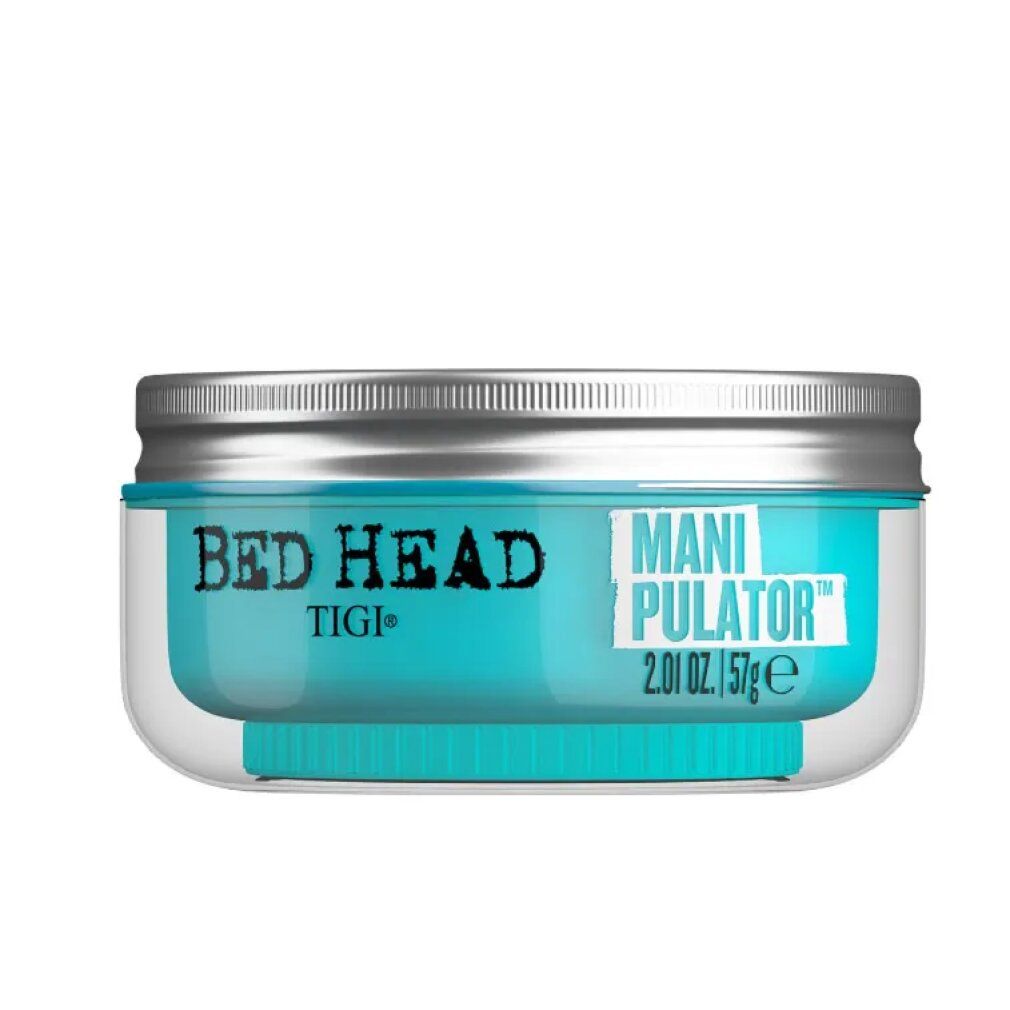 Tigi Bed Head Manipulator Matte Paste. Vasetto con contenuto blu, coperchio argentato. Testo: Manipulator, 2.01 oz. / 57ge.