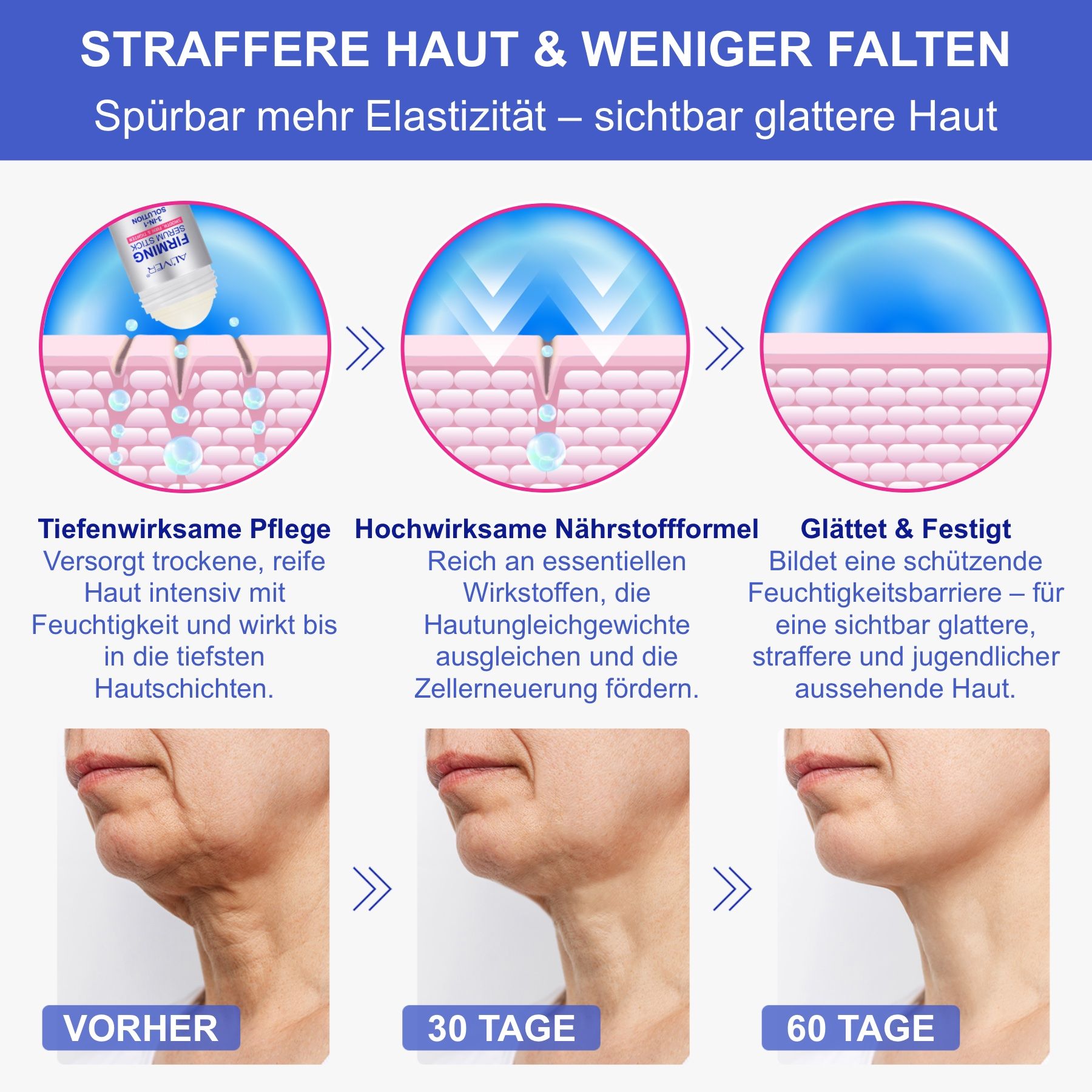 Cambiamenti della pelle con ALIVER Firming Serum Stick. Foto prima-dopo. Risultati a 30 e 60 giorni.
