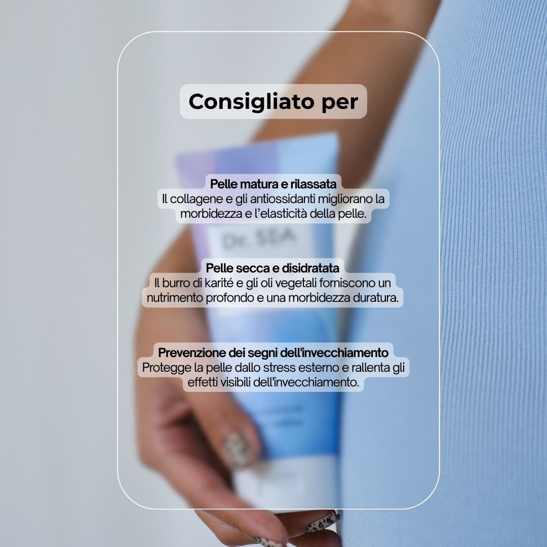 Donna tiene un tubo di crema. Testo: "Dr. SEA Anti-Aging Body Cream". Consigliato per pelli mature, secche.