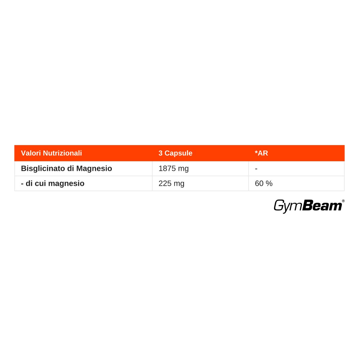 Informazioni nutrizionali GymBeam Magnesium Chelate Bisglycinate.