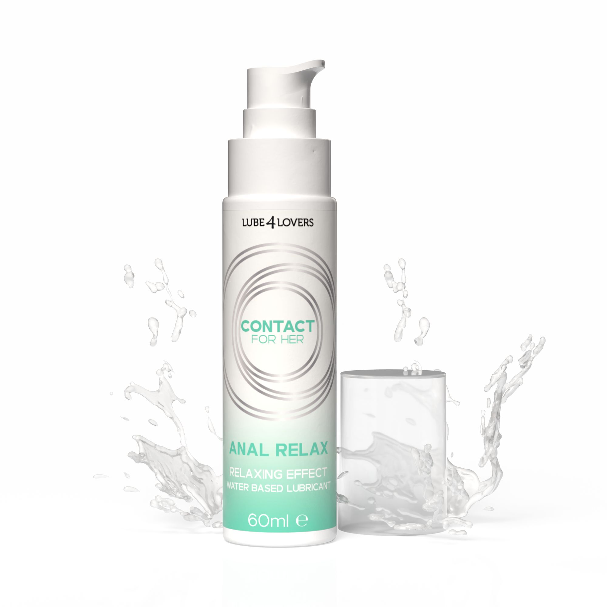 Flacone con scritta "CONTACT FOR HER ANAL RELAX". Lubrificante a base d'acqua. 60ml. Bicchiere accanto.