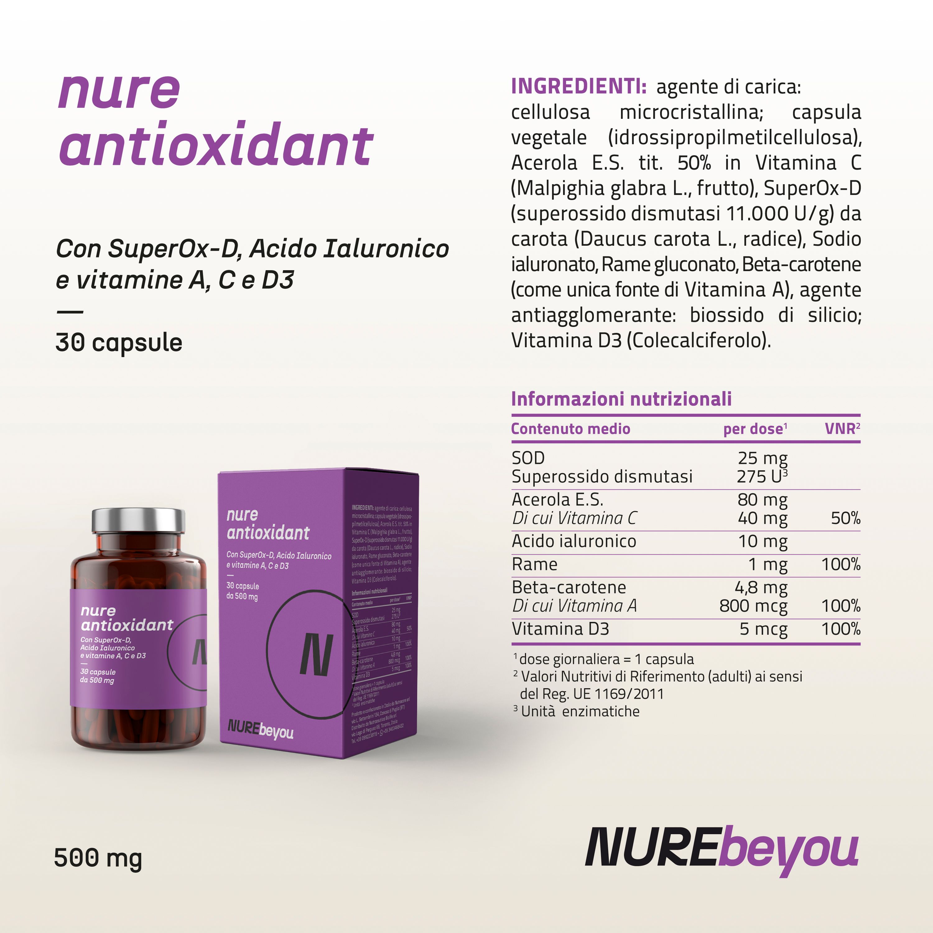 NURE Antioxidant 30 cps da 500 mg - Protezione Antiossidante per la Pelle