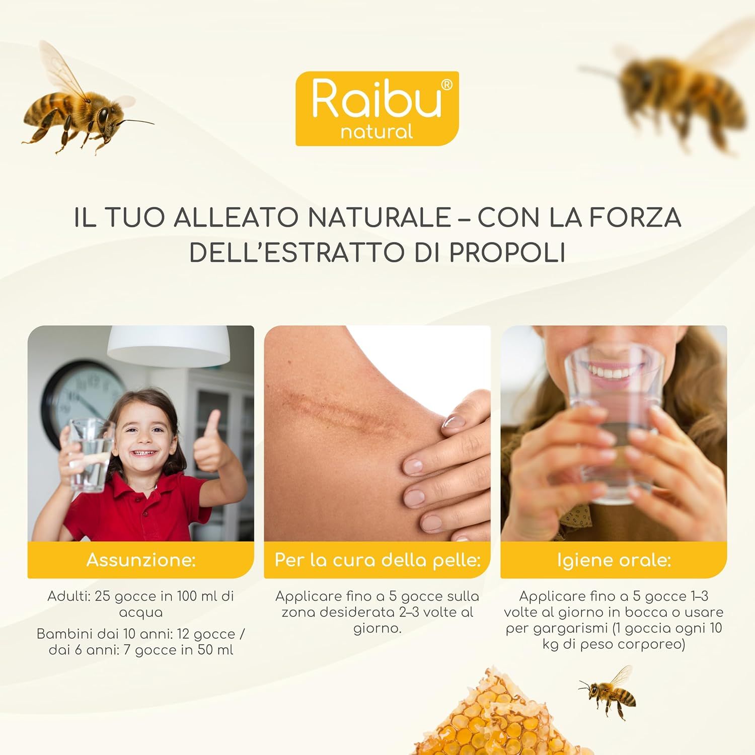 Grafico con istruzioni per l'uso: assunzione, cura della pelle, igiene orale. Bambino beve acqua, cicatrice, donna beve.