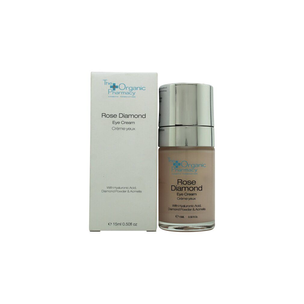 Flacone di crema occhi e scatola. Scritta: Rose Diamond Eye Cream. Marchio: The Organic Pharmacy. Confezione: bianca.