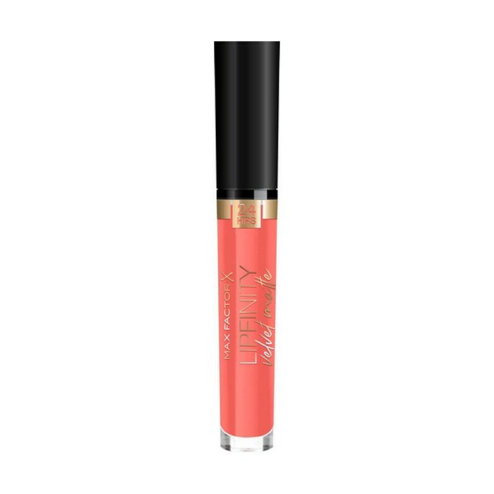 Rossetto Max Factor Lipfinity Velvet Matte. Tonalità corallo, cappuccio e applicatore neri. Scritta: 24 HRS.