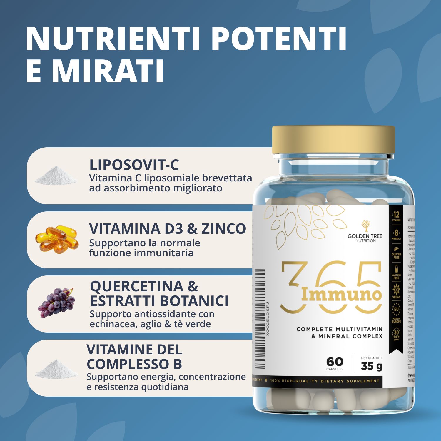 Flacone Immuno365 con elenco di nutrienti: Liposomal-C, Vitamina D3 & Zinco, Quercetina, Vitamine B.