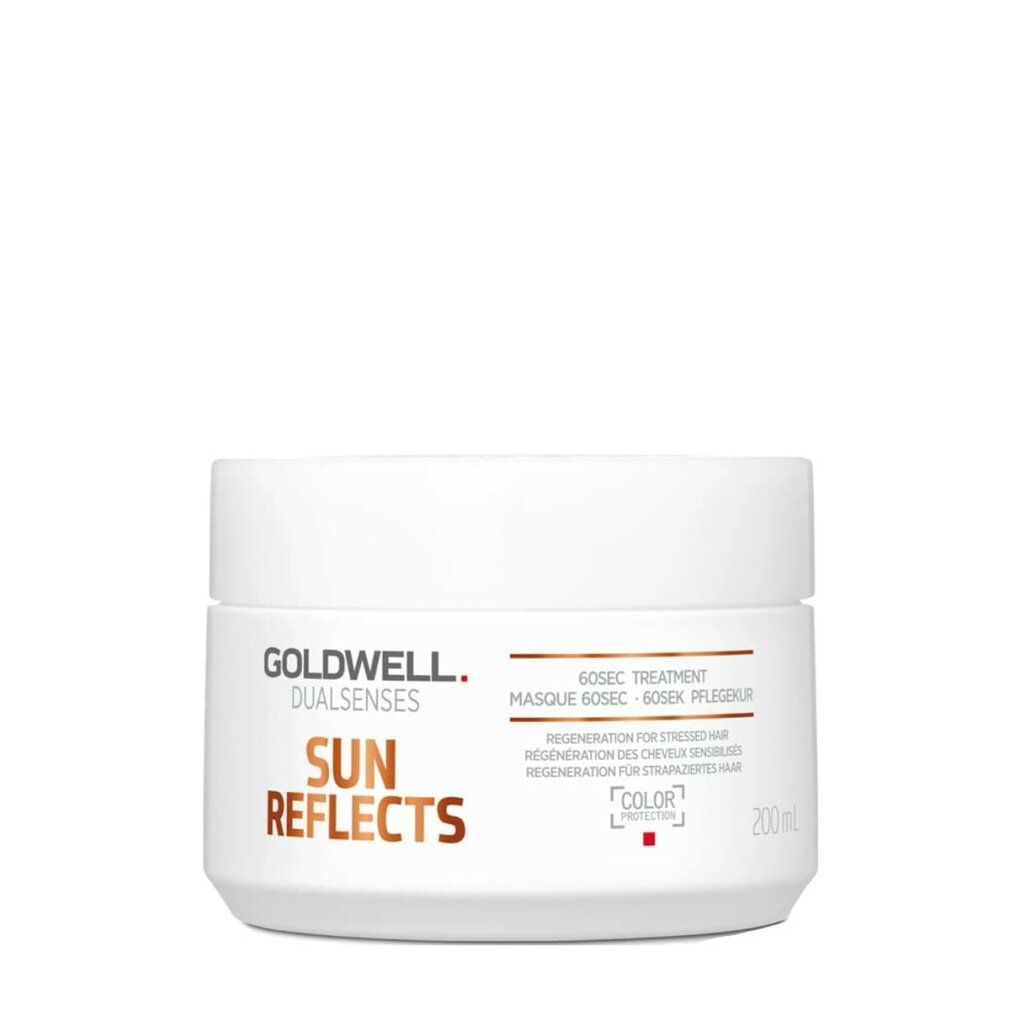 Vaso bianco Goldwell Dualsenses Sun Reflects. Scritta Sun Reflects, 60sec Treatment, Color Protection. 200ml.