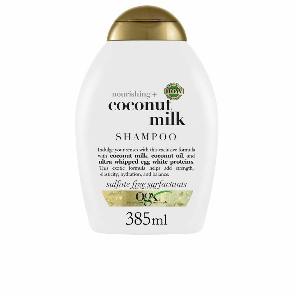 Flacone di shampoo bianco con tappo dorato. Scritta: nourishing + coconut milk SHAMPOO. Marchio: OGX. 385ml.