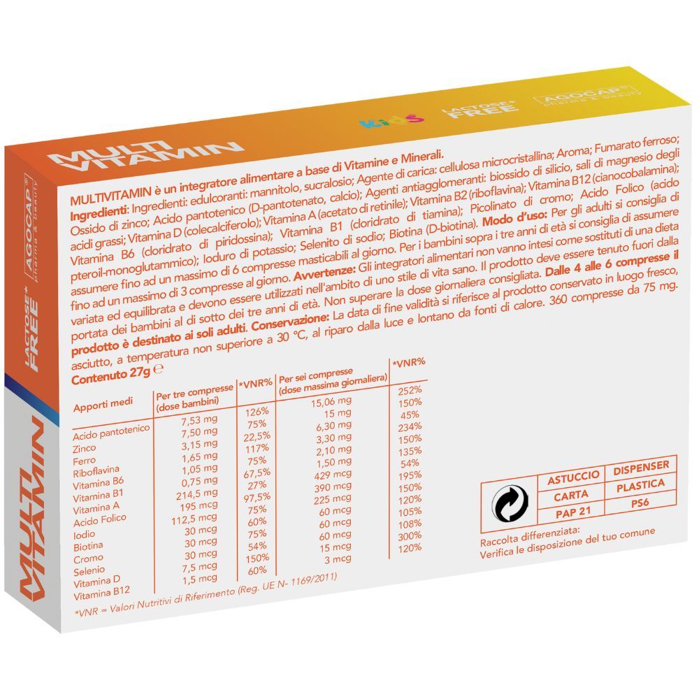 Confezione del prodotto con elenco degli ingredienti e tabella nutrizionale. Testo: Multi Vitamin, 360 compresse. Astuccio dispenser.